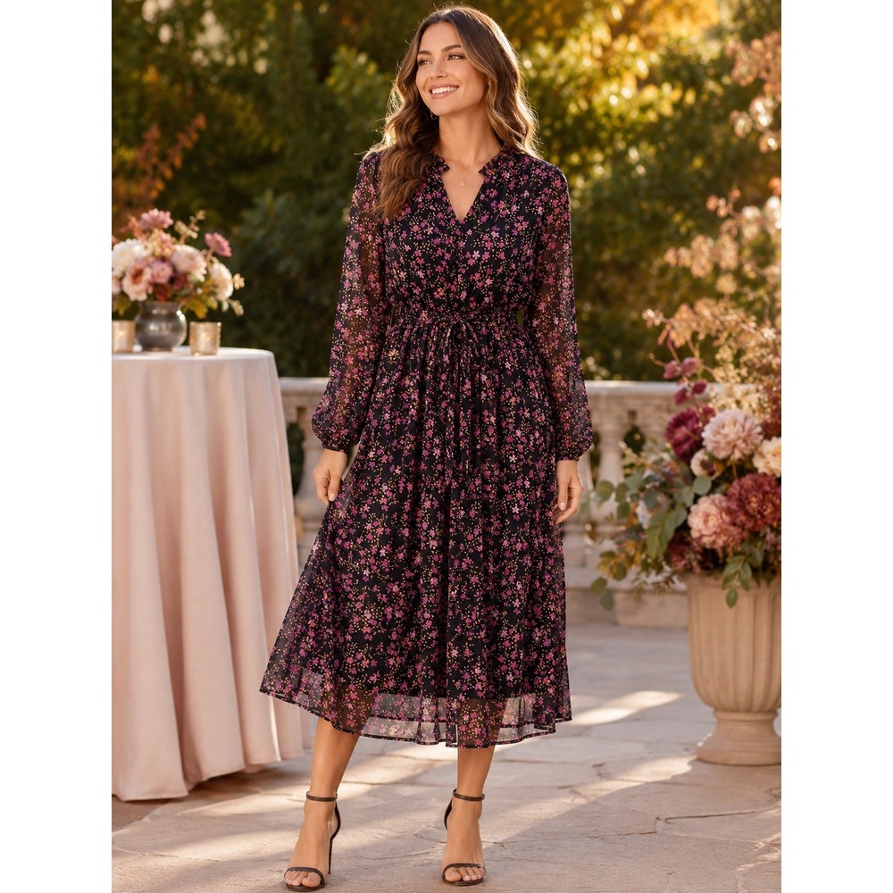 Draper James RSVP Black Pink Floral Midi Dress L Sheer Sleeves Tie Waist Wedding